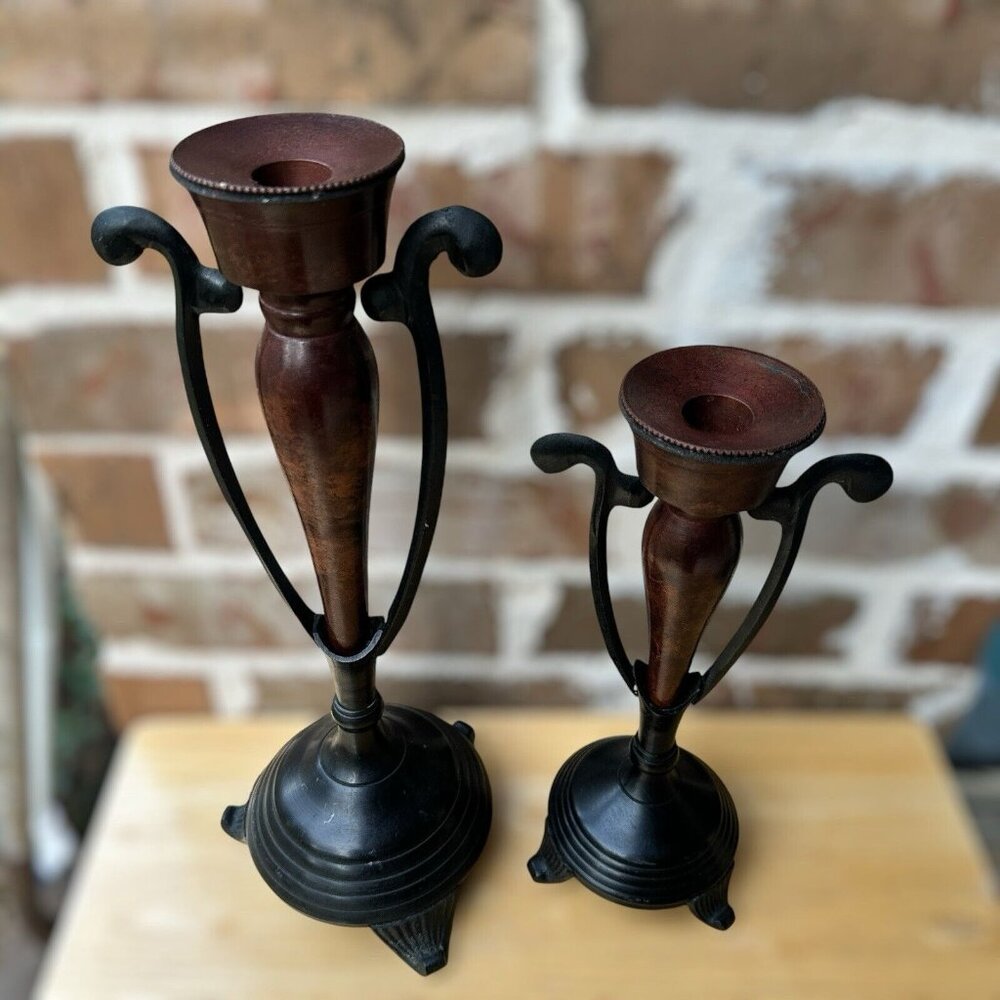 VTG Painted Yellow Brass‎ Metal Candle Holder 11.5-15 Inch Set of 2 MCM Tripod